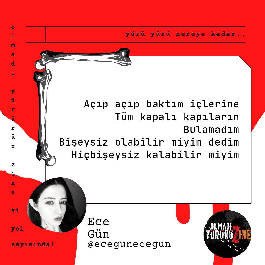 Ece Gün "Gitme Bağımlısı" şiiri ve "Bir Winterfell Polisiyesi" öyküsüyle #olmadıyürürüzzine #1 . #yol sayısında.

olmadı yürürüz, çok yakında ilk sayısıyla patlıyor..⚡🧘📝

#şiir #siir #deneme #öykü #fanzin #zine #zin #magazine #fanzine #olmadıyürürüz #author #authors #ecegün