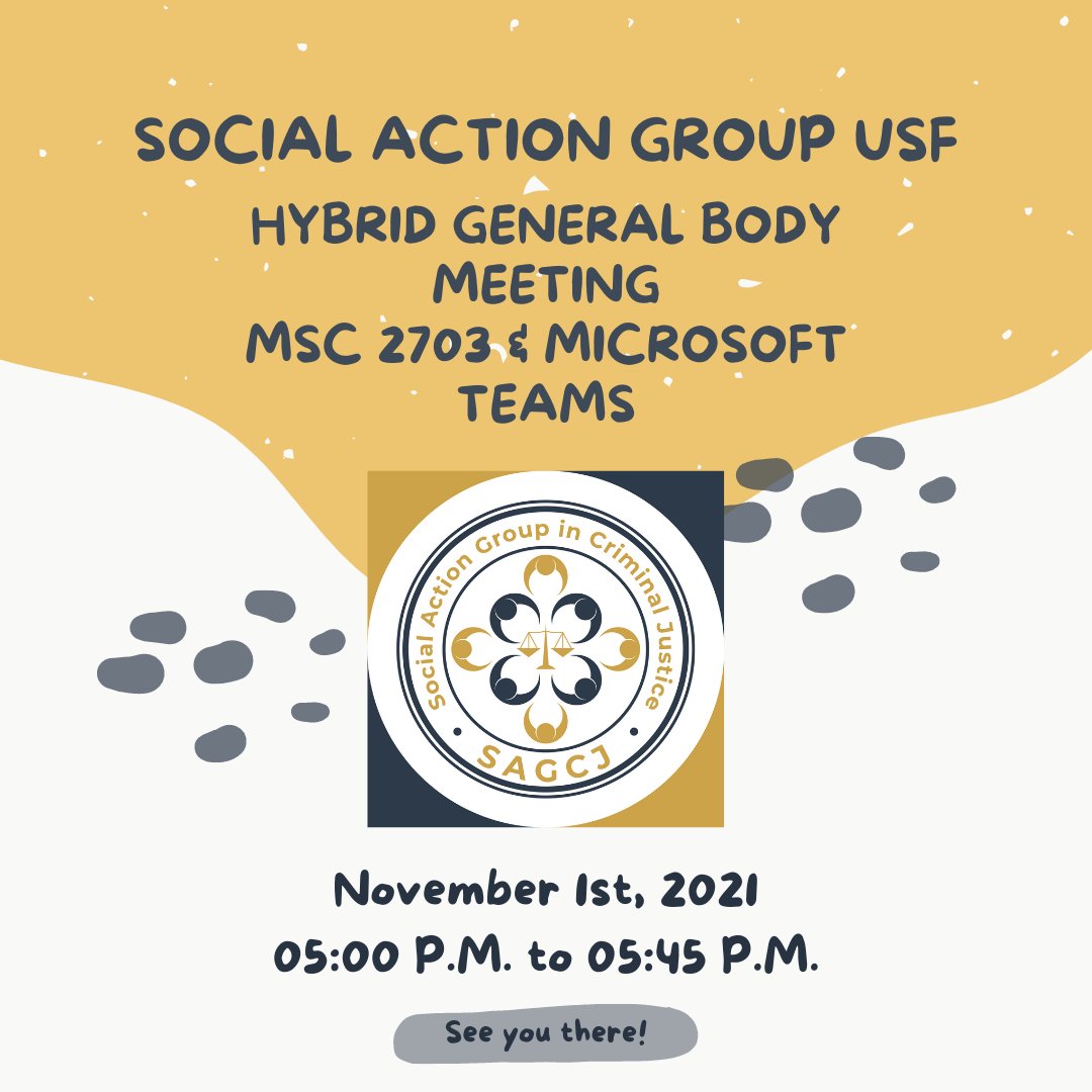 SAGCJUSF's tweet photo. Join us tonight for our upcoming General Body Meeting! We will be discussing upcoming events for the Spring semester and will be deciding on our annual fundraiser. Find us in MSC 2703 or join us on Microsoft Teams. Register on BullsConnect for more details! https://t.co/TqbLUODbZ0