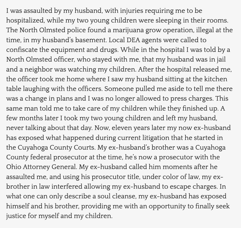 bzdug's tweet photo. This all goes back to a story that was posted in @PTS_CLE's People's Archive of Police Violence on 1/20/21. The entry was summarized as follows:

"Victim of spousal assault describes prosecutor abandoning her case because the perpetrator was the brother of the prosecutor." https://t.co/ukENpSwg5g