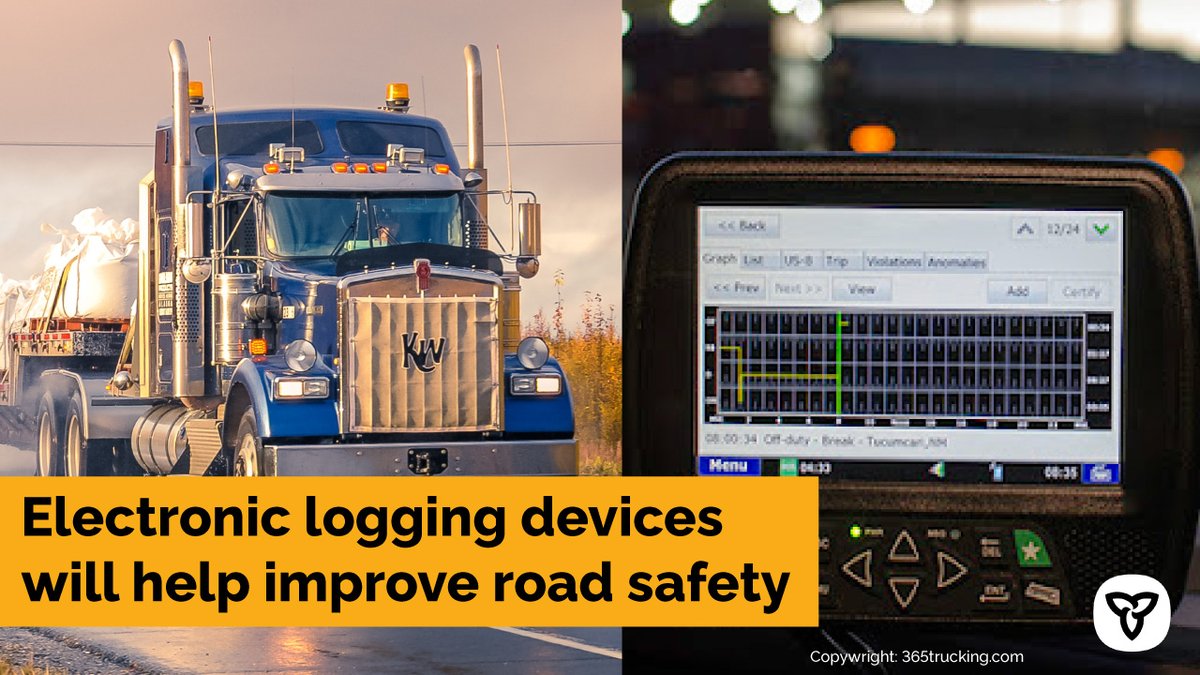 ONtransport's tweet photo. Starting June 12, 2022, truck drivers in Ontario must use Electronic Logging Devices to track Hours of Service. This will help reduce driver fatigue and improve road safety. 

Learn more: https://t.co/GX8CdxAVHC https://t.co/uQAF6aHeiQ