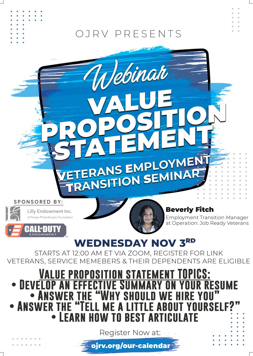 This Wednesday, we are hosting one of our Virtual VETS Workshop that is focused on improving your Value Proposition Statement.

We will help you develop “your brand” to impress hiring managers in this virtual workshop.

Register today! bit.ly/3BtADfO

#veterans #training
