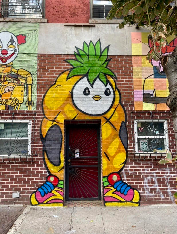 8iqcapital's tweet photo. GET IN MY BELLY! Thank you @LoroMasnah for adding the final huge piece onto the wall with the other masterpieces right before #NFTNYC @Pudgy_Penguins #NFTNYC2021 #BoredApeYachtClub #punks #CoolCats https://t.co/ZtPc8w9Iva