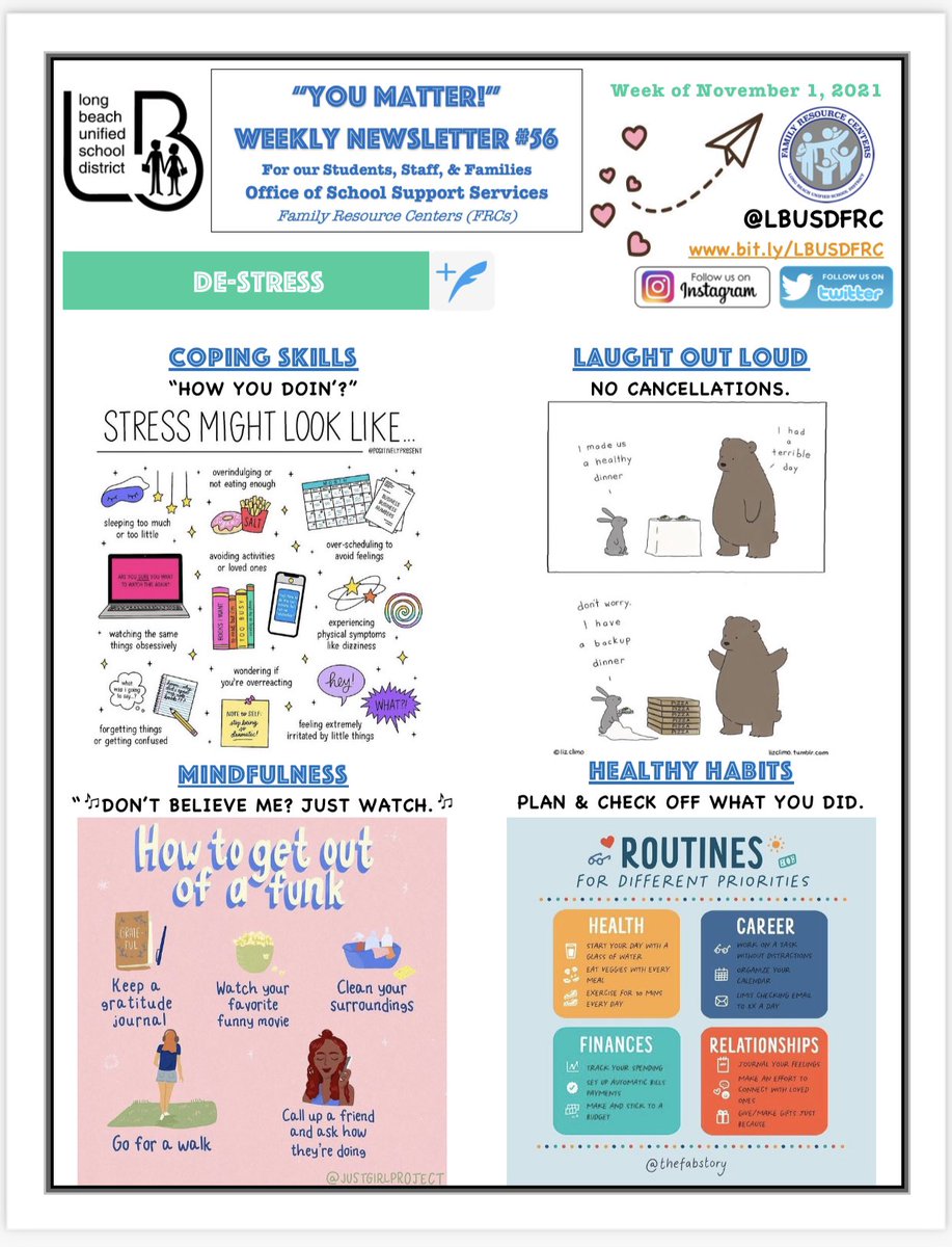 morafrc's tweet photo. @LBUSDFRC #YouMatterMonday: It's National Stress Awareness Week! We remind you this week to do your best &amp; de-stress with coping skills, mindfulness, and healthy habits. Find a friend to laugh out loud and de-stress!
Please feel free to share with your school community. https://t.co/S6nALRdxes