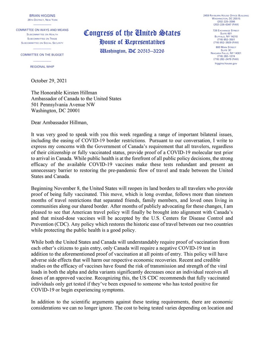 BHigginsBflo's tweet image. On 11/8 the US will welcome vaccinated travelers at the northern border w/o COVID-19 testing requirements.
Writing to @KirstenHillmanA we urged Canada to drop redundant &amp;amp; expensive testing that hinders travel for working families &amp;amp; impacts our economies. higgins.house.gov/media-center/p…