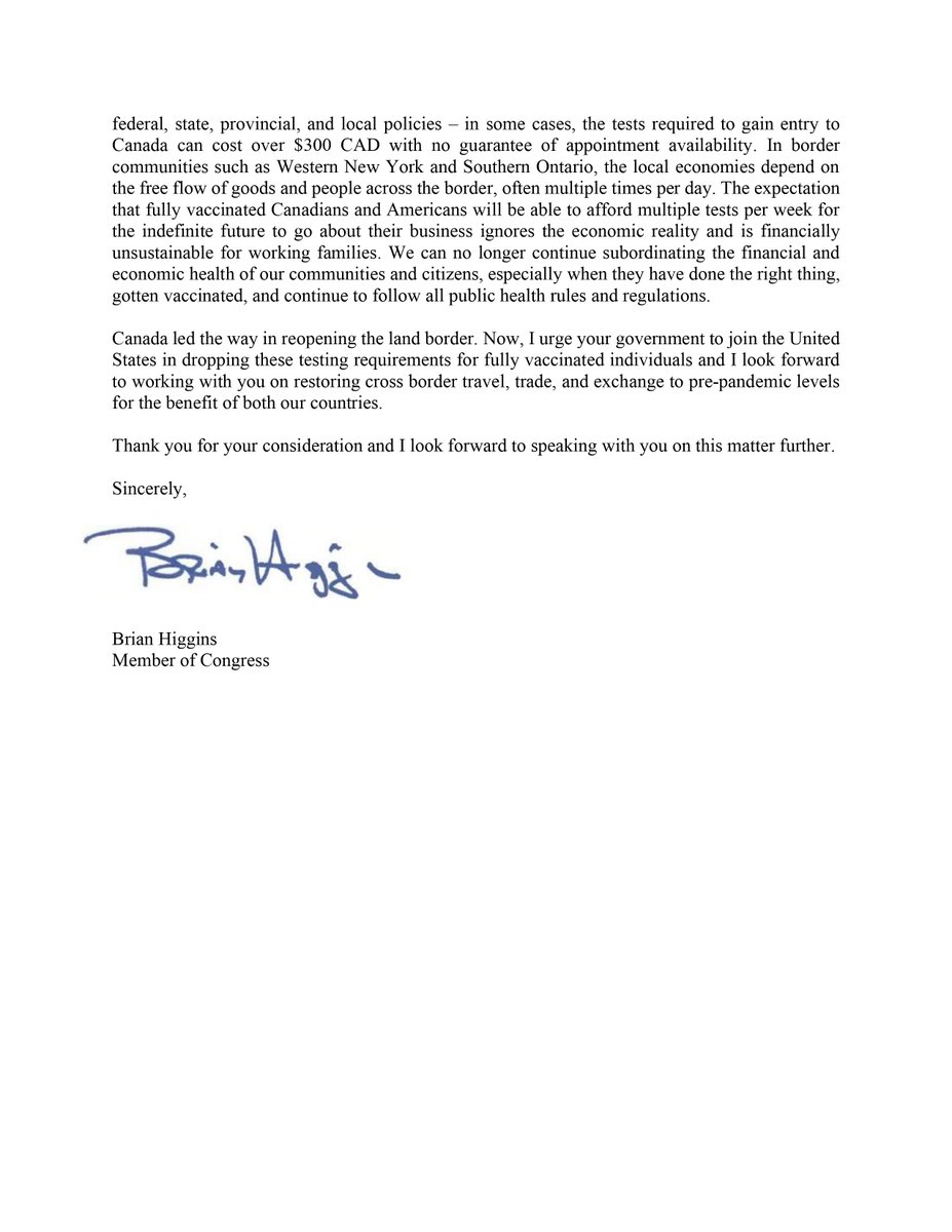 BHigginsBflo's tweet image. On 11/8 the US will welcome vaccinated travelers at the northern border w/o COVID-19 testing requirements.
Writing to @KirstenHillmanA we urged Canada to drop redundant &amp;amp; expensive testing that hinders travel for working families &amp;amp; impacts our economies. higgins.house.gov/media-center/p…