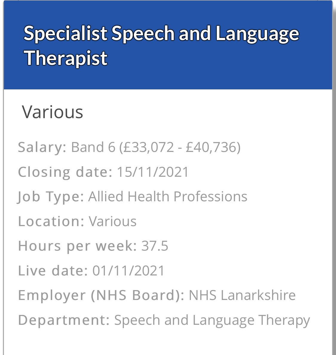 We have 3 band 6 adult acquired SLT jobs in NHS Lanarkshire. Please get in touch if you have any questions. We hope to hear from you soon 🤗🌈➡️ apply.jobs.scot.nhs.uk/displayjob.asp…