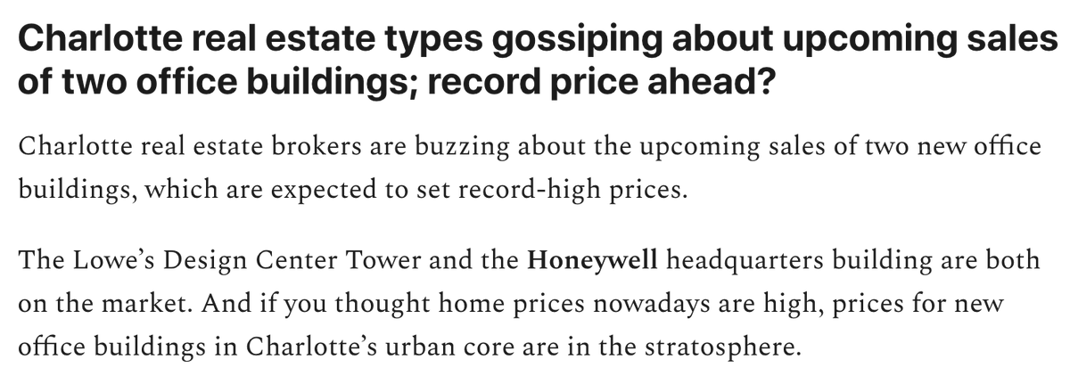 CltLedger's tweet photo. From today's Ledger: Charlotte real estate types are buzzing about the pending sale of 2 office buildings that could fetch record-setting prices. (Current per-square-foot record held by The RailYard, $612/s.f.) Lowe's expected at $800+/s.f. https://t.co/7C2k91UaA5 https://t.co/KBD9h6b7F5