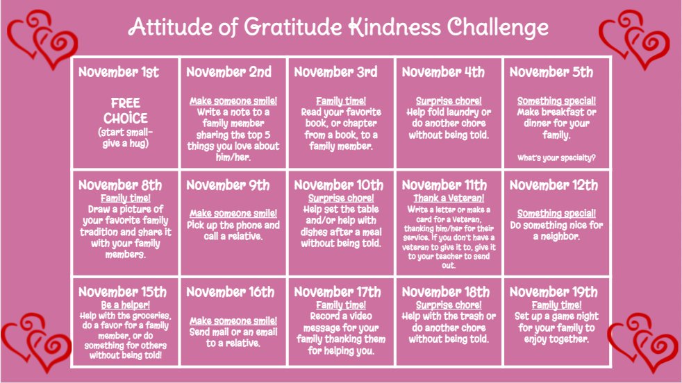 5-1 is ready to kick off our Attitude of Gratitude (November) Kindness Challenge today!!💗💗💗