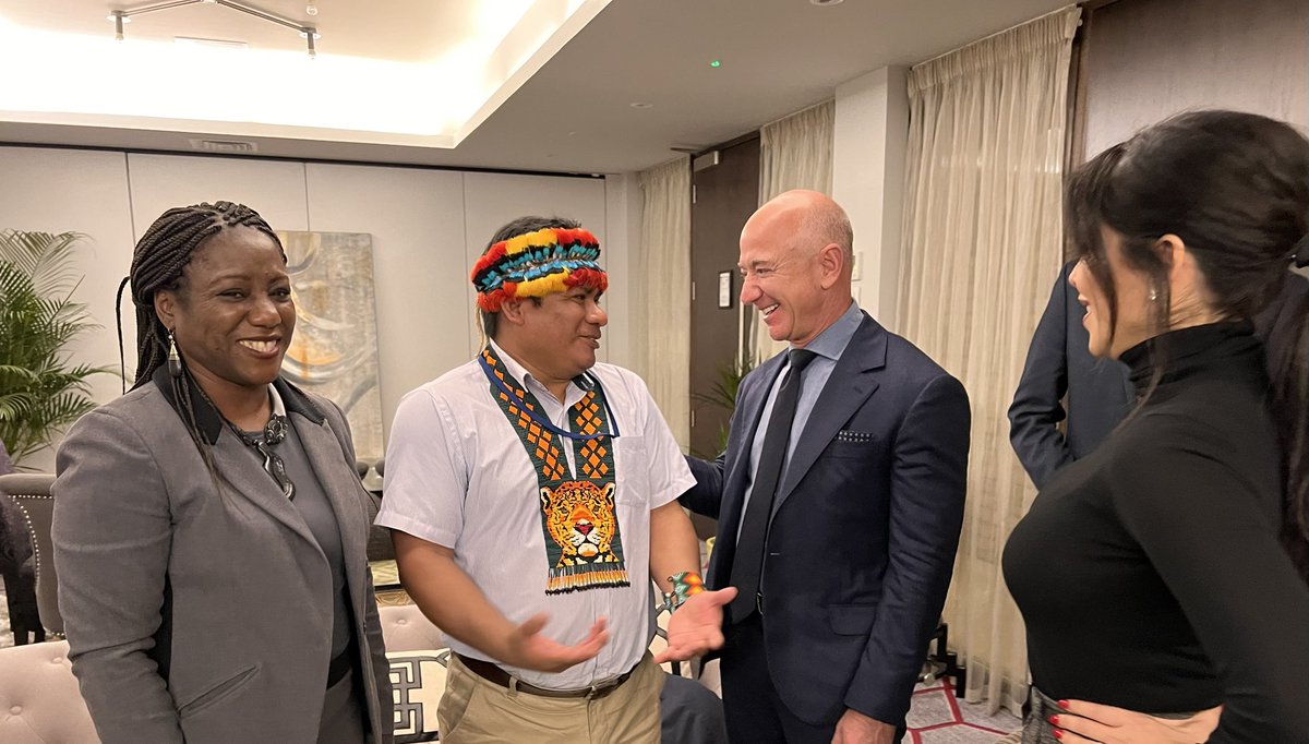 JeffBezos's tweet photo. Wonderful meeting with Tuntiak Katan from the Shuar tribe in Ecuador and Solange Bandiaky-Badji, from the Rights and Resources Institute. Indigenous peoples are custodians of over a third of the world’s tropical forests. We must champion their efforts to protect our planet. https://t.co/BPLDpR3xiR