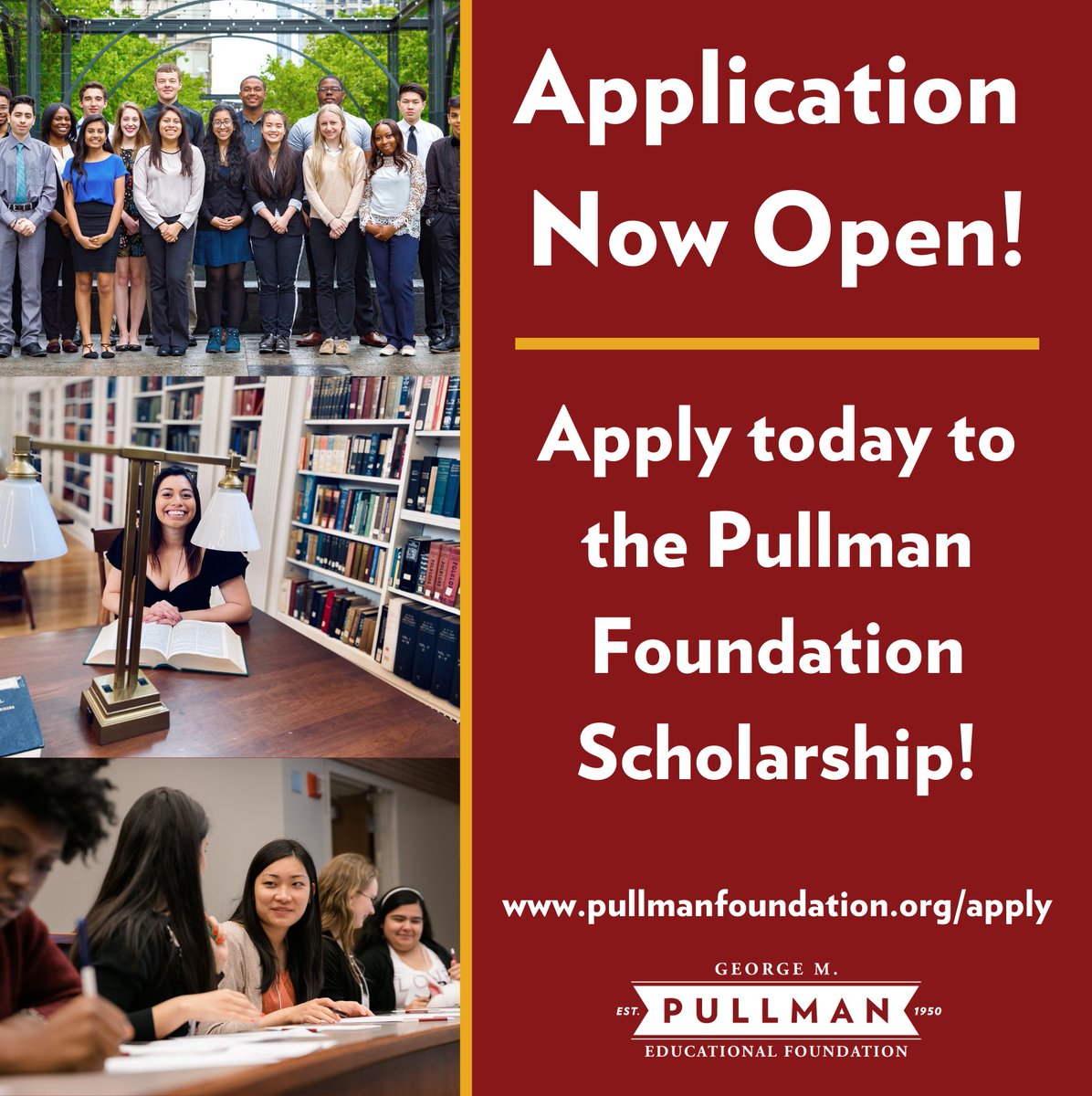 pullmanfdn's tweet photo. Attention high school seniors! The Pullman Foundation Scholarship application is now open. Visit https://t.co/PZBAJzIt7r for all the details and to access the online application. Applications are due February 1, 2022, so get started today! https://t.co/14QpYnwERr