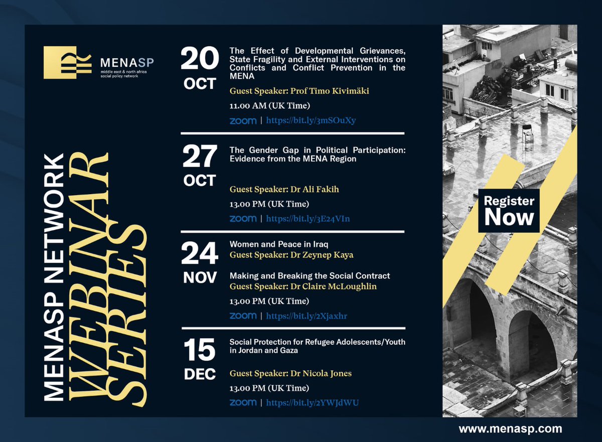 bathsps's tweet photo. Check out the @MENASP1 webinar series. a monthly virtual webinar (the last Wednesday lunchtime of each month) that acts as a platform for speakers from within the network and leading external thinkers to present their research.

https://t.co/ULFkm4szBn https://t.co/cd3hF3pBGA