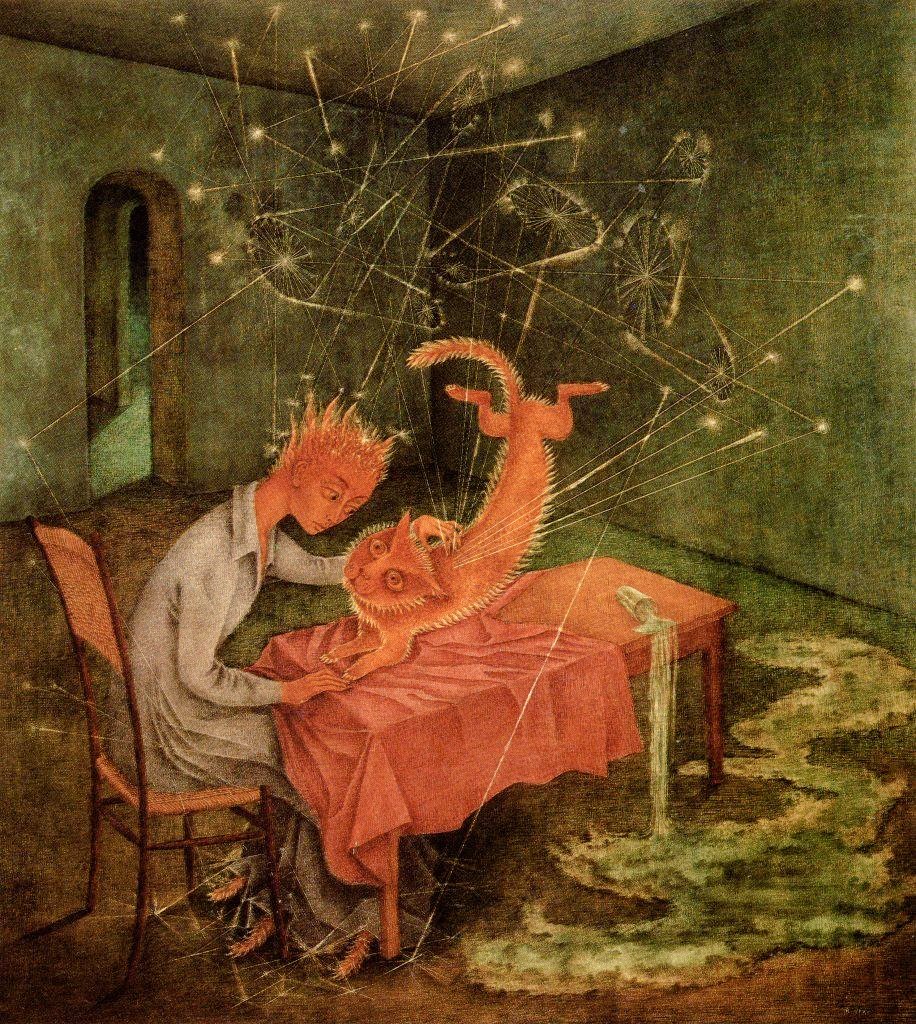 Sympathy (Madness of the cat), 1955 by Spanish-Mexican surrealist artist Remedios Varo,#WomensArt