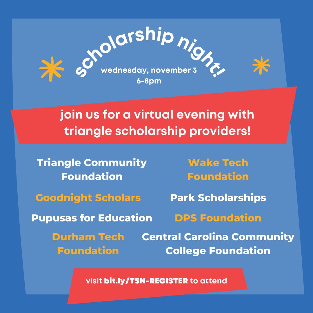 This Wednesday!! Learn about #scholarships available in the Triangle with <a href="/GoodnightNCSU/">Goodnight Scholarships</a>, <a href="/WTCCFoundation/">Wake Tech Foundation</a>, @bullcityschools, <a href="/SoGoodPupusas/">So Good Pupusas</a>, <a href="/durhamtech/">Durham Tech</a>, <a href="/ParkScholarship/">Park Scholarships</a> &amp; <a href="/iamcccc/">CCCC</a>. Register: trianglecf.org/students/trian…