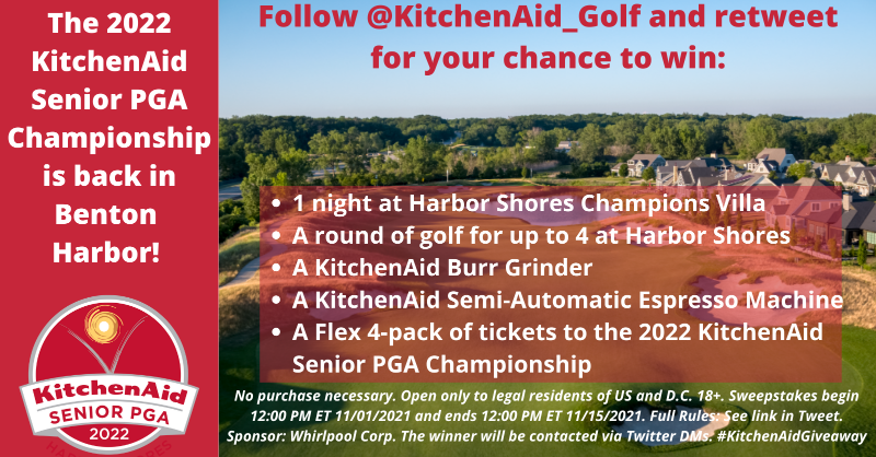 KitchenAid_Golf's tweet photo. The 2022 KitchenAid Senior PGA Championship is returning to Benton Harbor!

⛳ To celebrate, we’re giving away a Best of Benton Harbor prize package 🎁

Follow and retweet this post for your chance to win.

See you all at Harbor Shores next May! Link: https://t.co/P4cgVi2N0Q