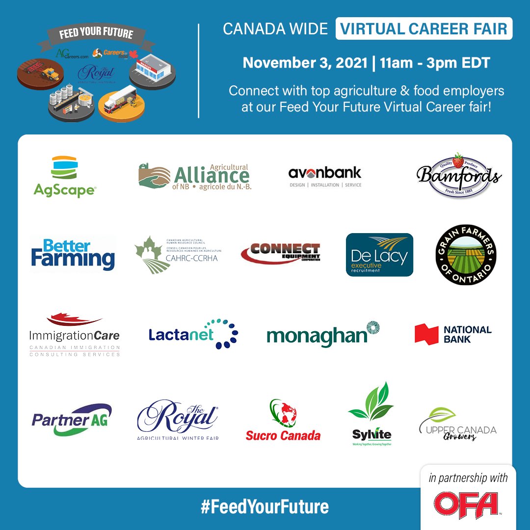 Join us in just TWO days for our Feed Your Future Virtual Career Fair in partnership with The Royal Agricultural Winter Fair and The Ontario Federation of Agriculture! 

Sign up today: careersinfood.com/feed-your-futu…

#CareerFair #FeedYourFuture #OFA #RAWF21