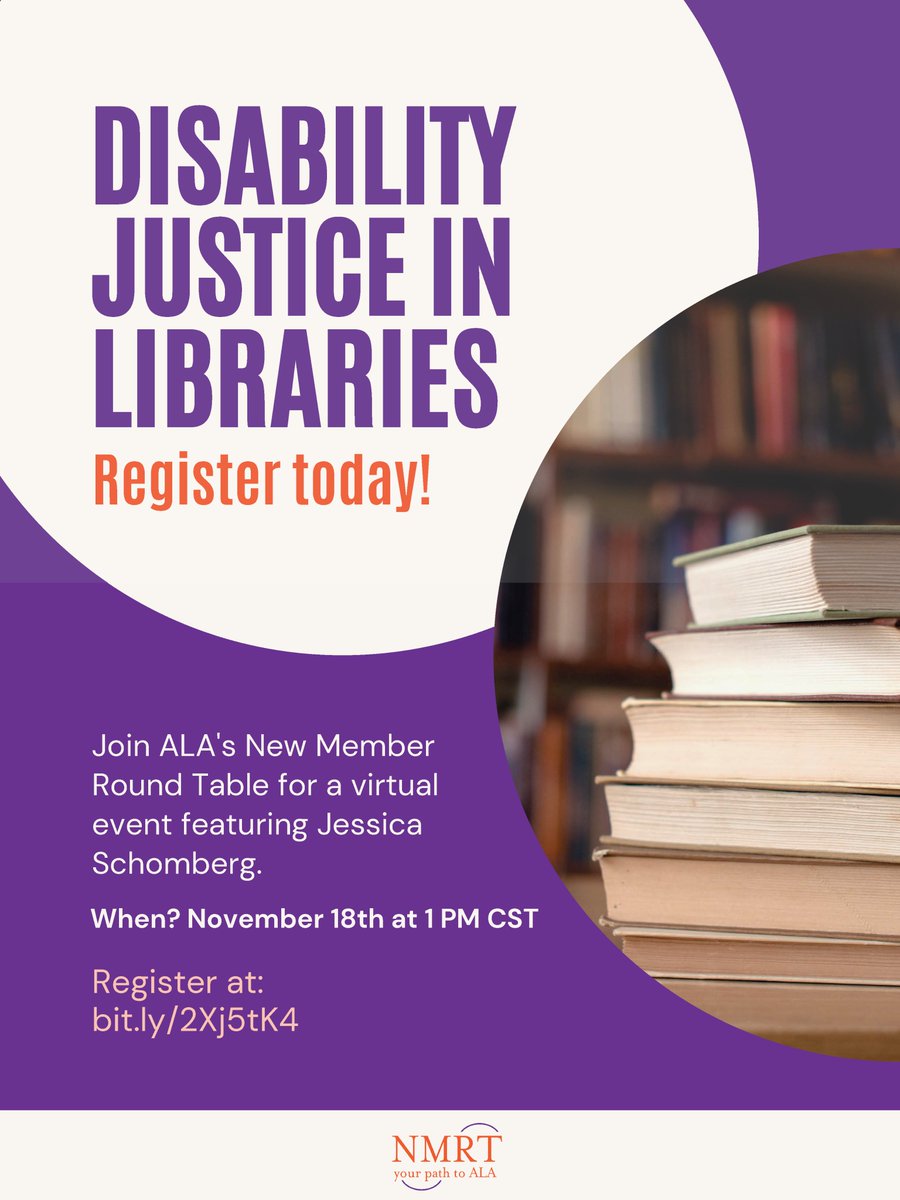 mariedaymlis's tweet photo. Join ALA's New Member Round Table for a virtual event featuring Jessica Schomberg. November 18th at 1 PM CT Register at https://t.co/6nmYr1bO0u #NMRT @alanmrt https://t.co/VXikGQ998U