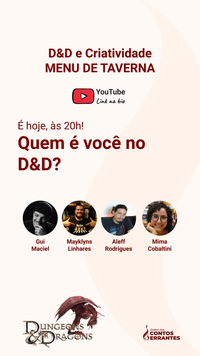 contoserrantes's tweet photo. Hoje é dia de #CastErrante no nosso canal do YouTube e vai rolar uma brincadeira bem bacaninha usando os atributos do #dnd5e. Cola lá às 20h, que tal? #ttrpg #videocast
Vão brincar @MayklynsMarcos @aleff_the_fool @oguimaciel @mimacobaltini
https://t.co/1OHQQeND0a https://t.co/yjBAd9xHZB