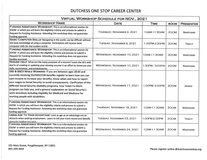 dutchessonestop's tweet photo. Are you a Dislocated Worker? You might be eligible for Funding Assistance through Dutchess One Stop. Find out more by registering with us. Visit https://t.co/ZMIzq1G0jb

Check out our virtual workshops for November! https://t.co/AutRrZR7nD