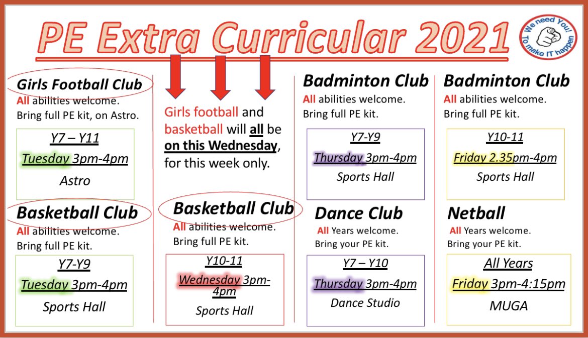 SpringwellPE's tweet photo. Springwell’s sports report for the first term and our Extra curricular activities for Nov-Dec. Girls football and all years basketball will be on this Wednesday, for this week only, then back to the rota from next week. #makeithappen #teamspringy https://t.co/P8JxRoDTRv