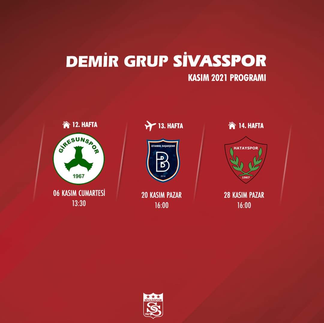 Sivasspor's tweet photo. Demir Grup Sivasspor'umuzun kasım ayı maç programı

12. Hafta 🔴 @Giresunspor 
13. Hafta ⚪ @ibfk2014 
14. Hafta 🔴 @Hatayspor_FK 

📌 GZT Giresunspor maçının ardından mili maçlar nedeniyle lige 1 hafta ara verilecektir. https://t.co/ArGohGhn0L