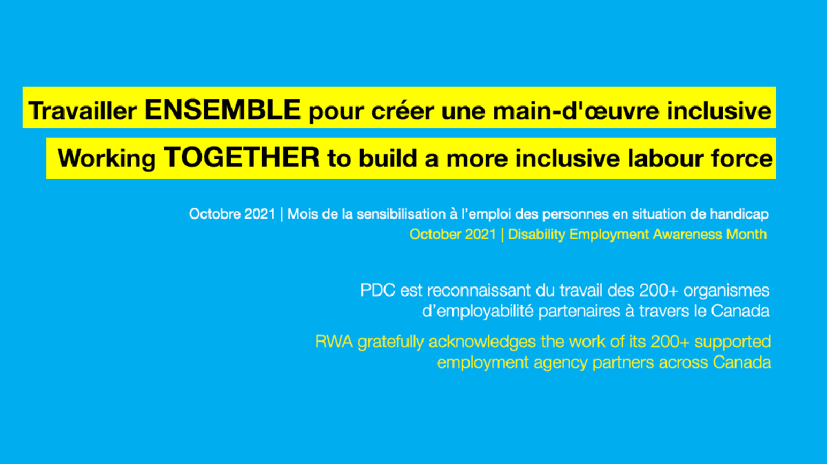 RWAworks's tweet image. Alors que le Mois de la sensibilisation à l'emploi des personnes en situation de handicap (MSEPSH #DEAM2021) touche à sa fin, nous tenons à remercier toutes nos organisations partenaires pour leur contribution et leur collaboration inestimable.
