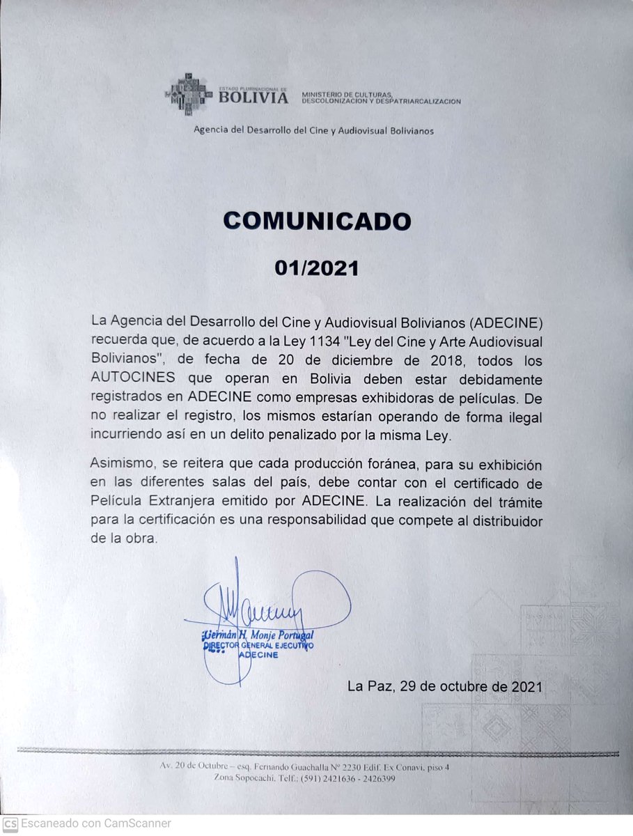 adecinebolivia's tweet photo. La Agencia del Desarrollo del Cine y Audiovisual Bolivianos recuerda a los #Autocine que operan en el país que deben estar registrados en #ADECINE como Empresas Exhibidoras de peliculas. La omisión de esta inscripción es una ilegalidad.
#AutocinesBolivia. https://t.co/ncD3e1She0