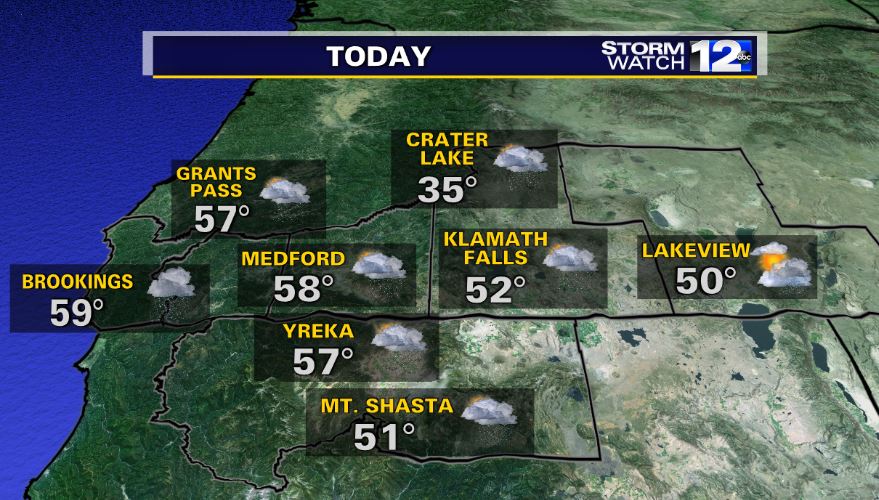Cloudy and damp conditions have been in place across the region this morning along with breezy winds. Rainfall will persist through the day, although winds will slack off for most this afternoon. The Shasta Valley, however, will stay windy. A Wind Advisory has been issued.