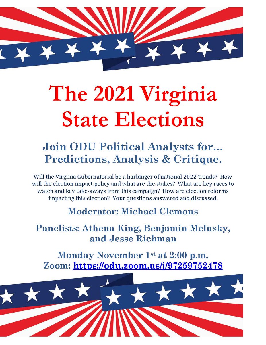 ODUArtsLetters's tweet photo. Wondering about the election? Join ODU political analysts for predictions, analysis and critique at 2 p.m. on Zoom: https://t.co/OS3WOeYK1n

@odu #oduAL #VirginiaElections #vote https://t.co/FZ42tyFxC2