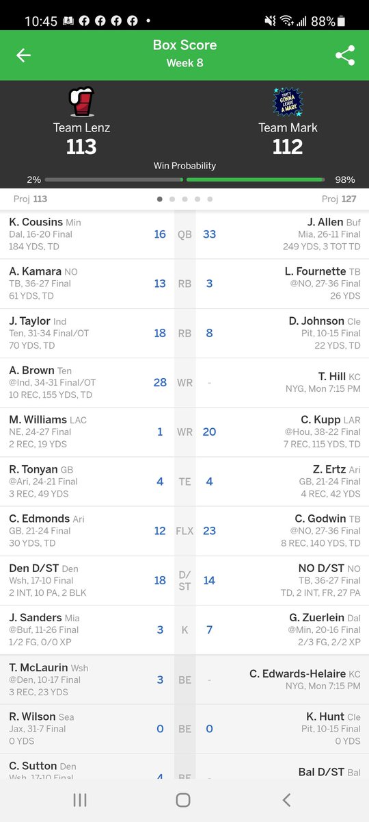 SleeperCynic's tweet photo. Tyreek Hill needs to score more than 2 points and I'm golden. Since I'll be at the Chiefs game tonight, in the flesh, I'm confident! @lexstaley @bvnp @TerryJaymes https://t.co/FkEsSxzI1P