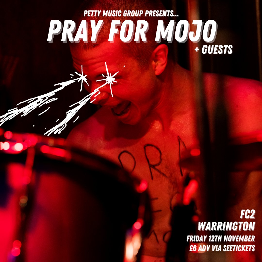 Just TWO WEEKS until our next gig.

PRAY FOR MOJO at @FC2_Warrington supported by <a href="/limbanduk/">LIM</a> and <a href="/wisdomtripmusic/">WISDOMTRIP</a>!

Psych garage for fans of King Gizzard, Thee Oh Sees and Ride.

Tickets flying out: seetickets.com/event/pray-for…