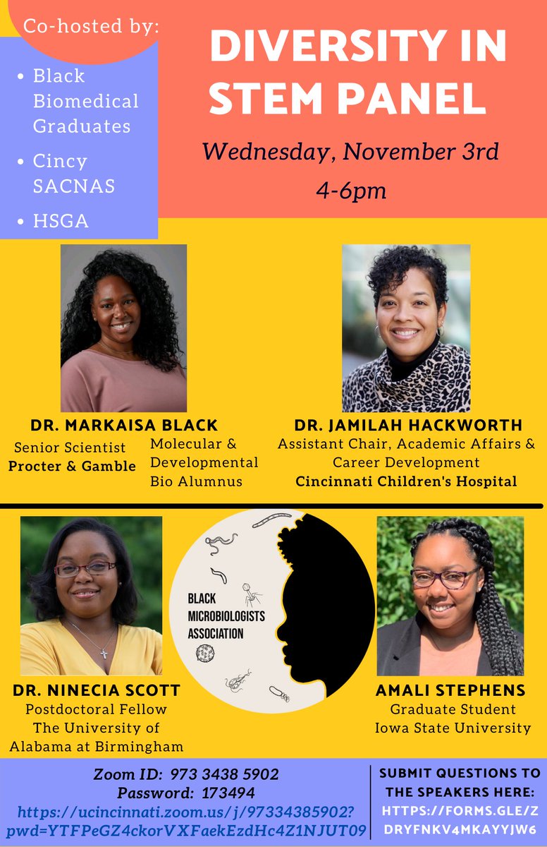 CSacnas's tweet photo. Our first Diversity in STEM panel will be held on Wednesday, November 3rd from 4-6pm. This event is cohosted by the Black Biomedical Graduates, HSGA, and us! Before the event you may anonymously submit questions for the discussion- link below
#sacnaschapters #cincysacnas https://t.co/YNkfcIPcXe