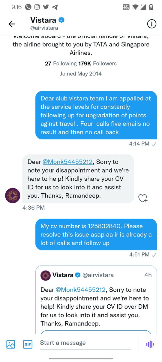Monk54455212's tweet photo. @airvistara may I expect a reply https://t.co/WvRhhmiFRE