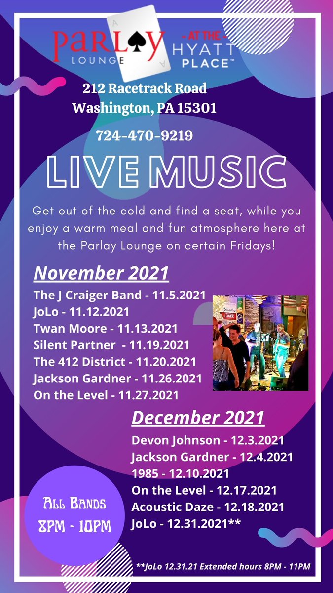 HyattPlacePS's tweet photo. The band line-up for November and December is looking great!
Pick your favorites and come on out for a visit! Nothing goes better together than great food and awesome music! 🎤🤩 https://t.co/wPpdJlfIJp