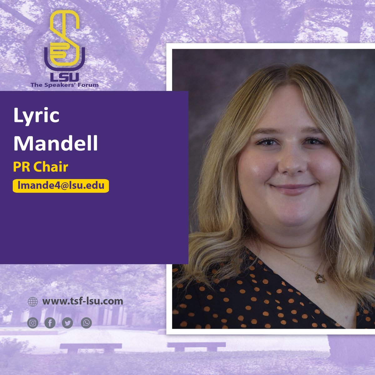 TSF_LSU's tweet photo. Meet our Public Relations Chair Lyric Mandell! She is a PhD student in the Manship School of Mass Communication and Journalism. Young and vivacious, Lyric knows her way around wherever she goes! https://t.co/JIvkvhtpNv