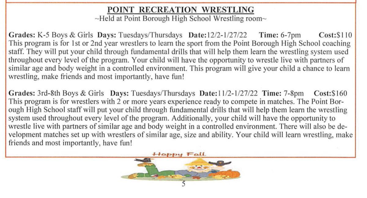 PointWrestling1's tweet photo. It’s almost wrestling season! Point Wrestling Club (grades 3-8) practices begin Tuesday, November 2nd! 
Novice Level- 1st &amp; 2nd year wrestlers (K-5) begin December 2nd!
All sign ups through the Point Boro Rec. Dept.
Click on the link below to register:
https://t.co/tGmp4E68YK https://t.co/8rfJjMBSyE