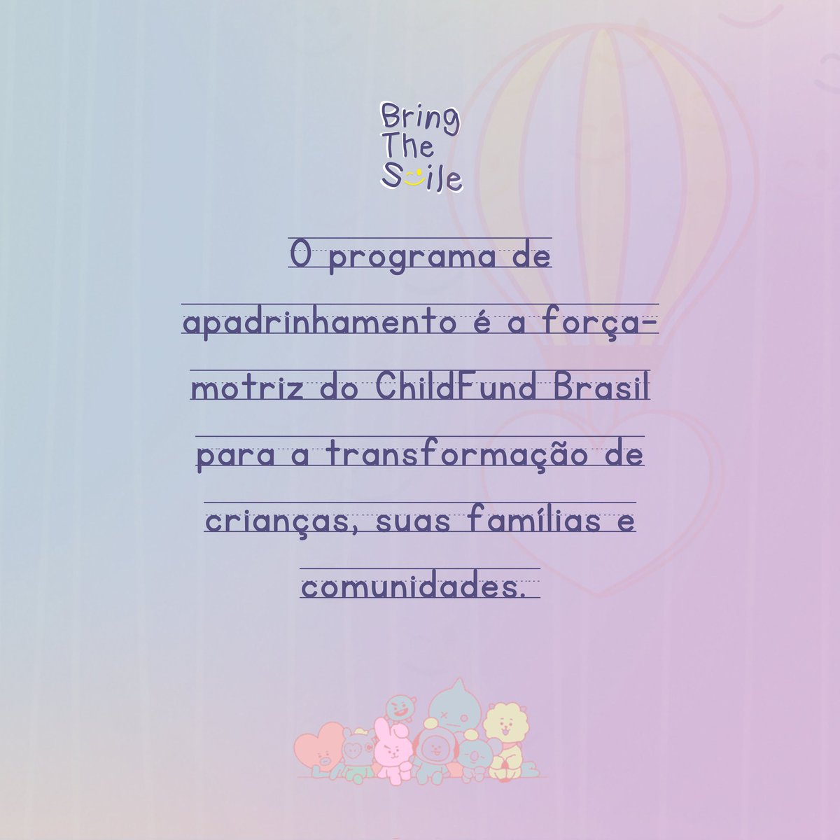 ARMYComAmor_'s tweet photo. [#BringTheSmile | @BTS_twt]

Um padrinho/madrinha ajuda a melhorar a qualidade de vida de uma criança em situação de privação, exclusão e vulnerabilidade social.

Faça sua contribuição via PIX, Cartão de Crédito ou Boleto Bancário!

Doe: https://t.co/OM2kVPFTKc

#madrinhaarmy https://t.co/yiwAQaiNVS