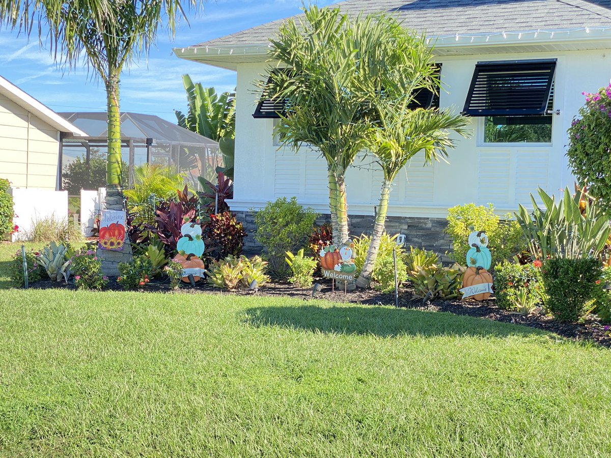 GardnerChristm1's tweet photo. A very simple Thanksgiving/Harvest set up while we continue to work on our Christmas lights🦃🍂🍁🦃🍂🍁🦃 #gardnerchristmaswonderland #puntagordafl #thanksgivinginflorida 🌴🦃🌴🦃 https://t.co/gzqdK1OMPZ