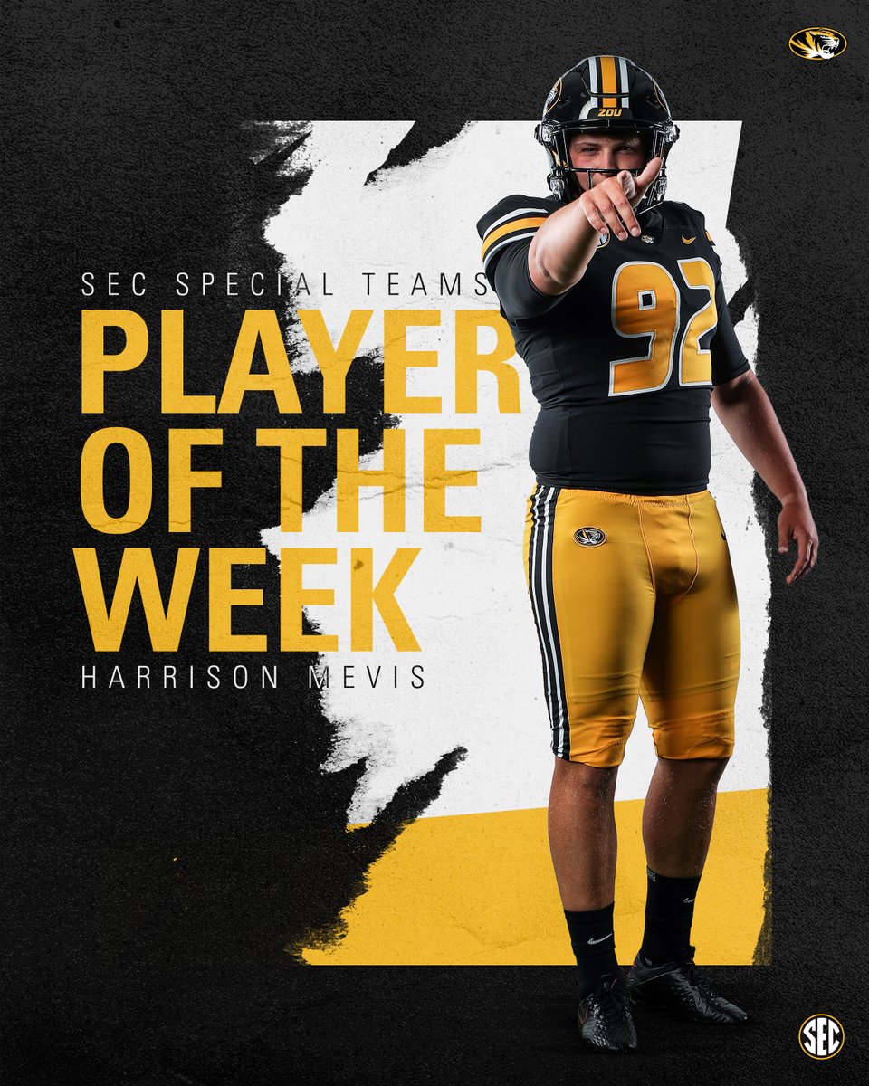 MizzouFootball's tweet photo. ⚡️ @SEC Players of the Week ⚡️

🙌 Tyler Badie (@showtimeshine5)
🤝 Harrison Mevis (@kickerhmevis6)

👉 https://t.co/DzAQTq8oT5

#MIZ 🐯 🏈 https://t.co/gtMHhIxRQt