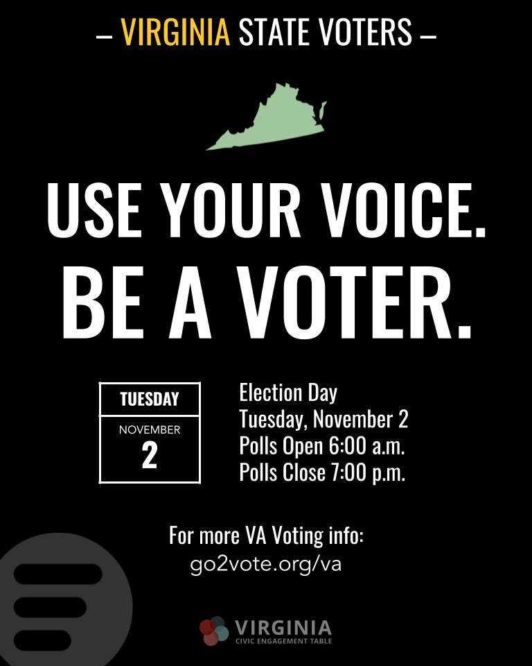 Virginia Voters, here we go!! Election Day is TOMORROW. Check out go2vote.org/va for everything you need! #BeAVoter #EngageVA #VAvotes
