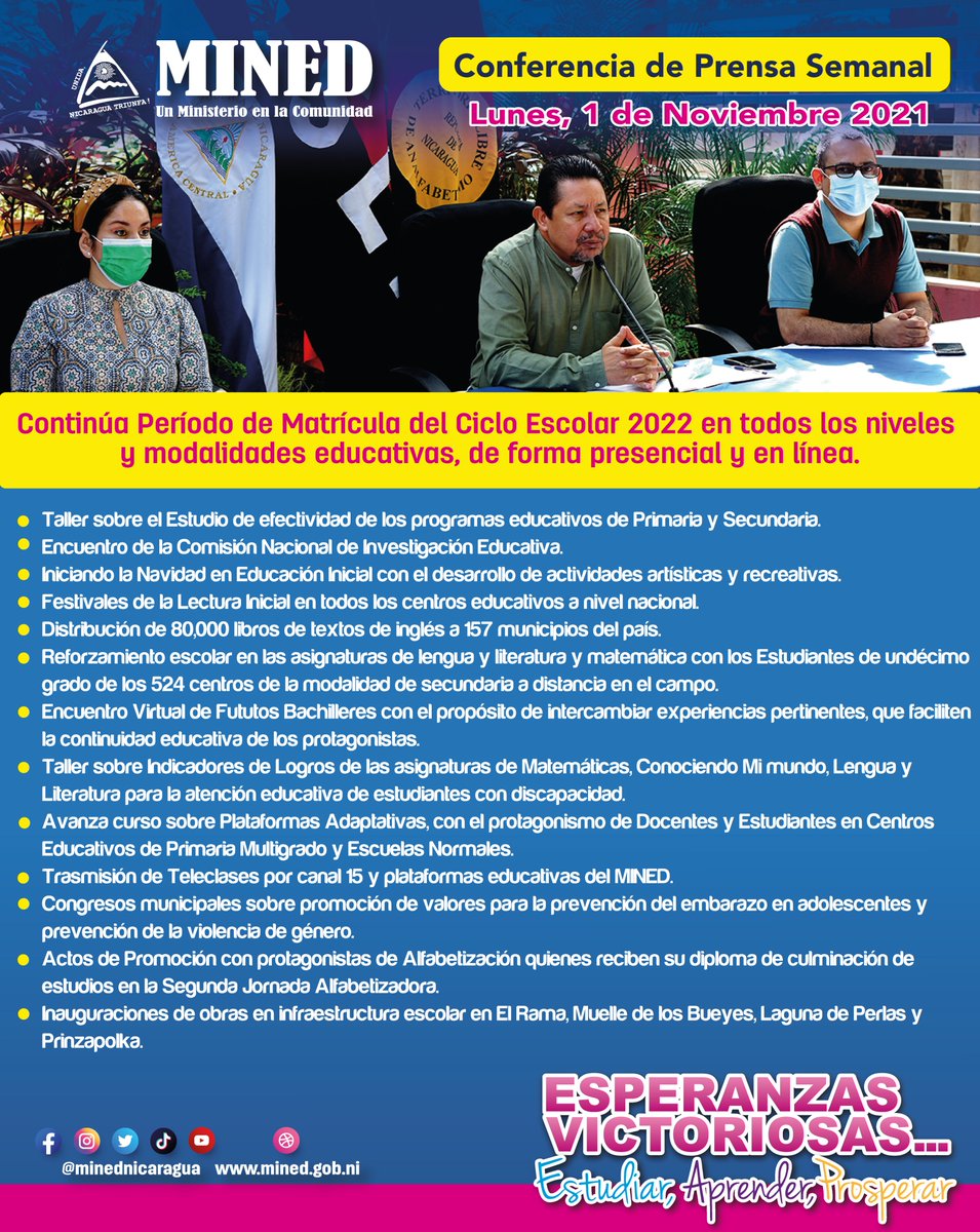 #Nicaragua | Conferencia de Prensa Semanal

🗓️Lunes 1 al viernes 5 de noviembre 2021.