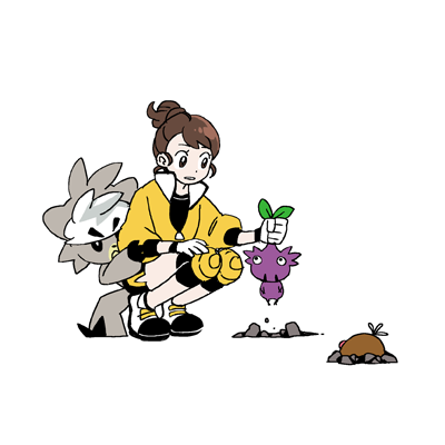 gloria (pokemon) pokemon (creature) knee pads 1girl brown hair squatting yellow jacket shoes  illustration images