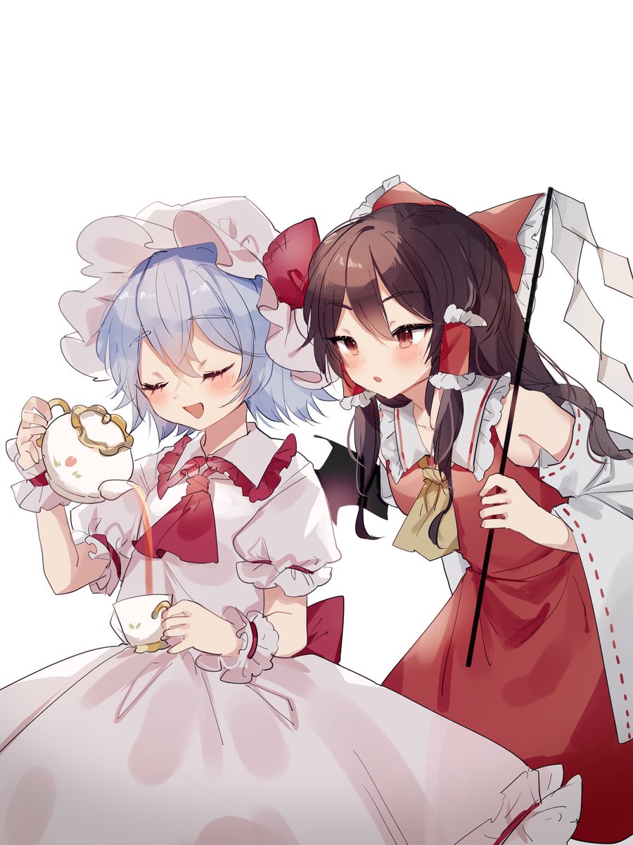 hakurei reimu ,remilia scarlet multiple girls 2girls ascot hair tubes teacup closed eyes white background  illustration images