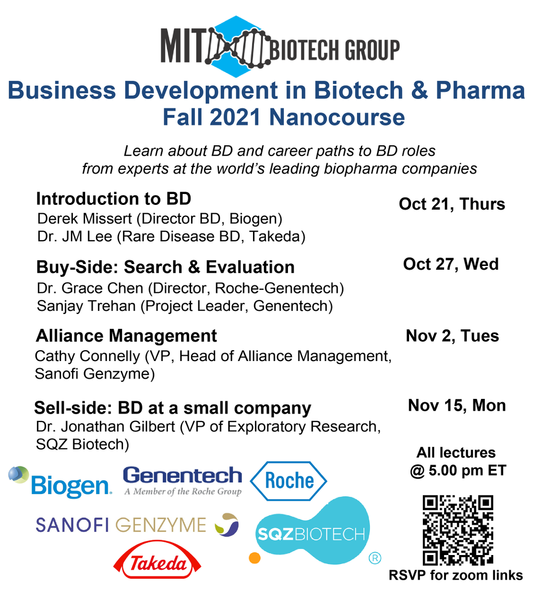 MITBiotechGroup's tweet photo. MIT Biotech Group Presents: Lecture 3 (Alliance Management) of the MIT Biotech Group’s Business Development Nanocourse on Nov 2nd, Tue, 5-6 PM EST. 
Dr. Cathy Connelly (VP, Head of Alliance Management, Sanofi Genzyme) will be leading the lecture. https://t.co/Byba9buXIV