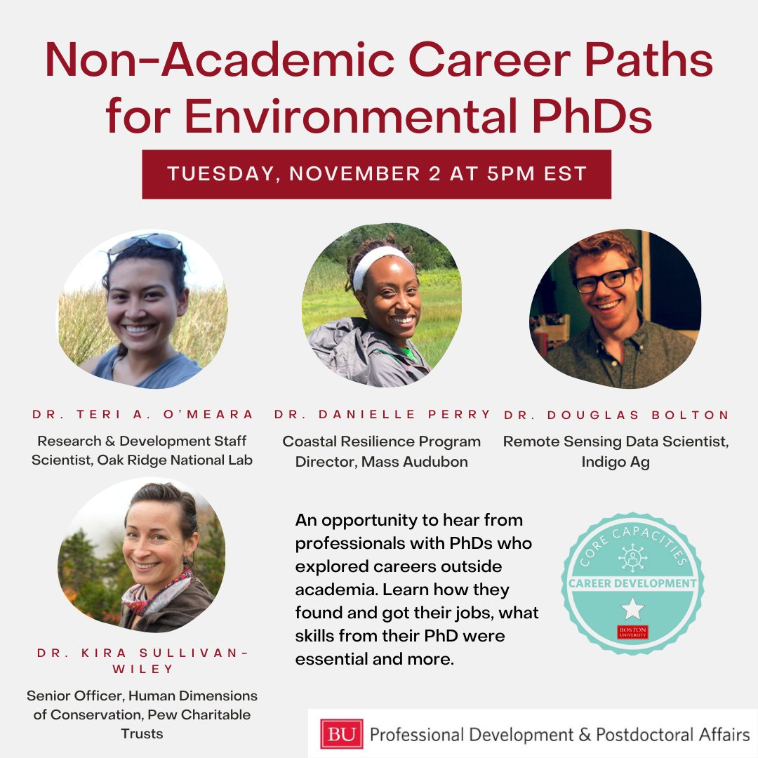BU_PhDs's tweet photo. REMINDER: The Non-Academic Career Paths for Environmental PhDs panel (hosted by @BUEarth) is TOMORROW at 5 PM EST! Register here: https://t.co/N6o3Pd73Su #phdpd #careerpanel #altac #jobsearch https://t.co/eRBaF37Wzh