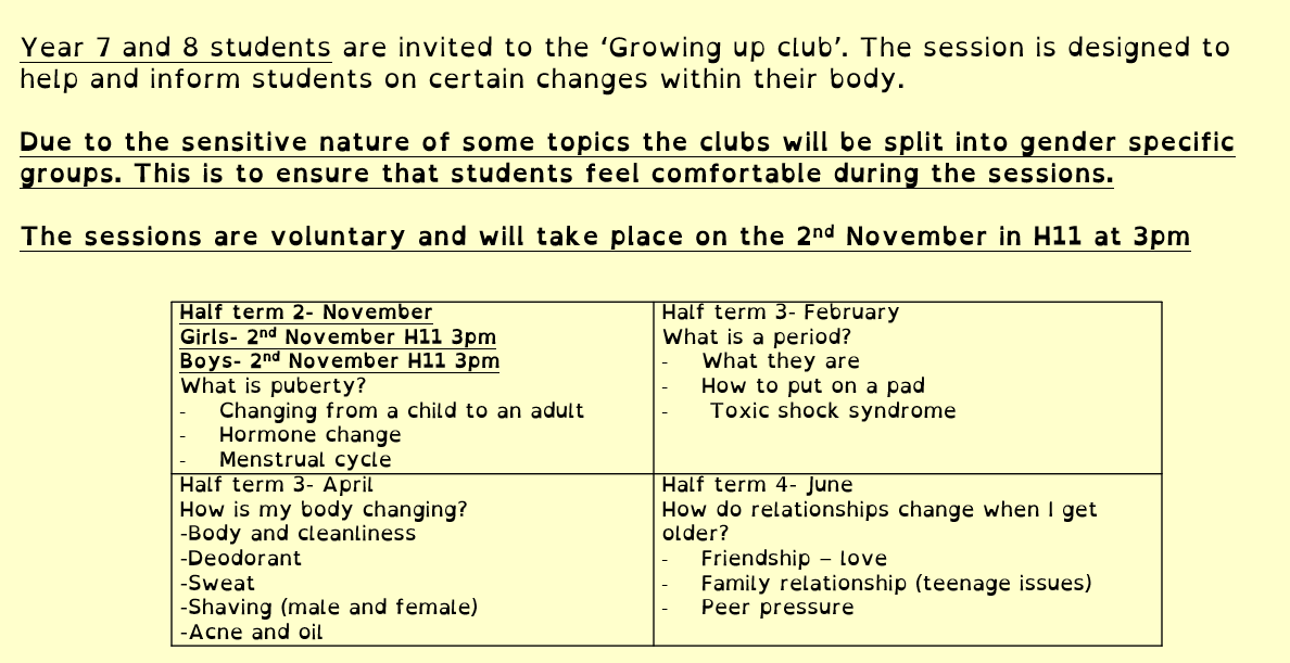 Looking forward to our first Growing Up Club tomorrow. Open to all year 7 &amp; 8 students