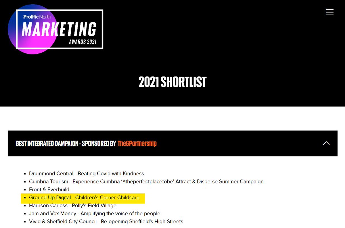We've got some exciting news... Ground Up Digital has been shortlisted as a finalist for the Best Integrated Campaign in the Prolific North Marketing Awards 2021!! 🎉🍾🙌🥳 

Please keep your fingers crossed for us!

prolificnorthawards.co.uk/marketing/2021…

#digitalmarketing #marketingagency