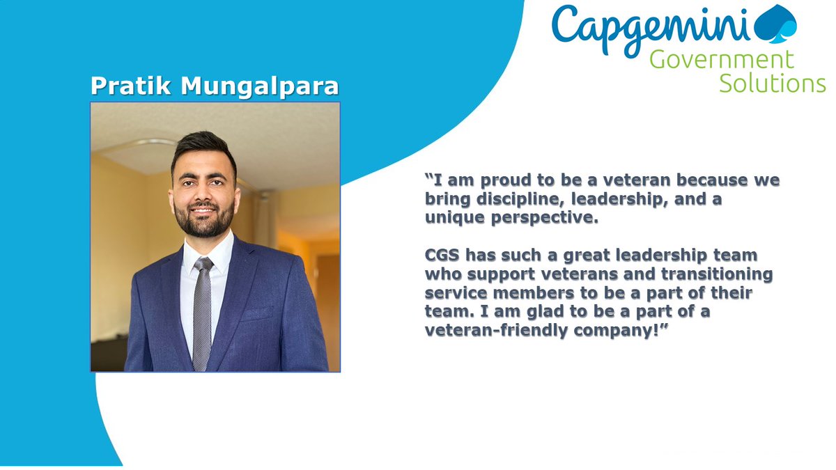 CapgeminiGov's tweet photo. This November we are celebrating National Veterans and Military Families Month and are incredibly proud of the CGS Veterans on our team! To kick off the month, we are spotlighting some of our veterans. Check out @Pratik Mungalpara below! 
#Veterans #MilitaryFamilies #Consulting https://t.co/6V2ixzmOMF