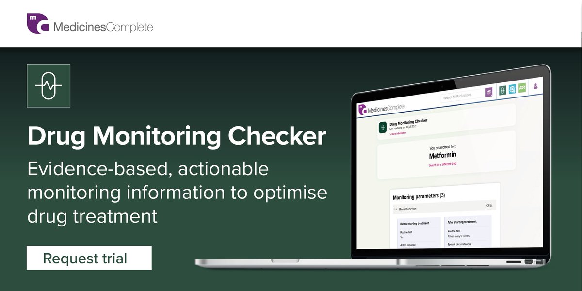 PharmPress's tweet photo. We are excited to announce the launch of Drug Monitoring Checker. Providing healthcare professionals with evidence-based, actionable monitoring information to optimise drug treatment. Learn more: https://t.co/r8DDSM6h7t

#primarycare #patientsafety #drugmonitoring https://t.co/ssCmTE1RBs