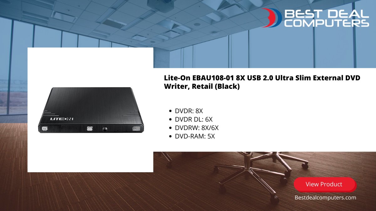 Lite-On EBAU108-01 8X USB 2.0 Ultra Slim External DVD Writer, Retail (Black)
DVDR: 8X
DVDR DL: 6X
DVDRW: 8X/6X
DVD-RAM: 5X
bit.ly/2Sst4pl

#bdc #tips #cpu #windows #intel #blog #boost #drive #cd #dvd