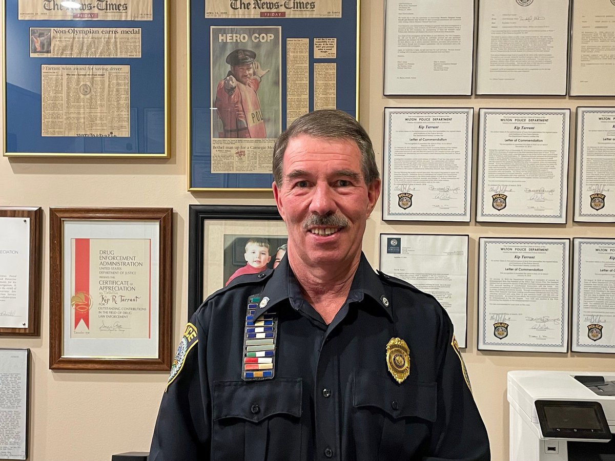 WiltonPoliceCT's tweet photo. Today we bid farewell to the longest active member of the Wilton Police Department, Detective Kip Tarrant, as he heads into retirement. Detective Tarrant has been with WPD since 1980, completing nearly 42 years of dedicated service to the Wilton community. https://t.co/8cRDPXtAcy